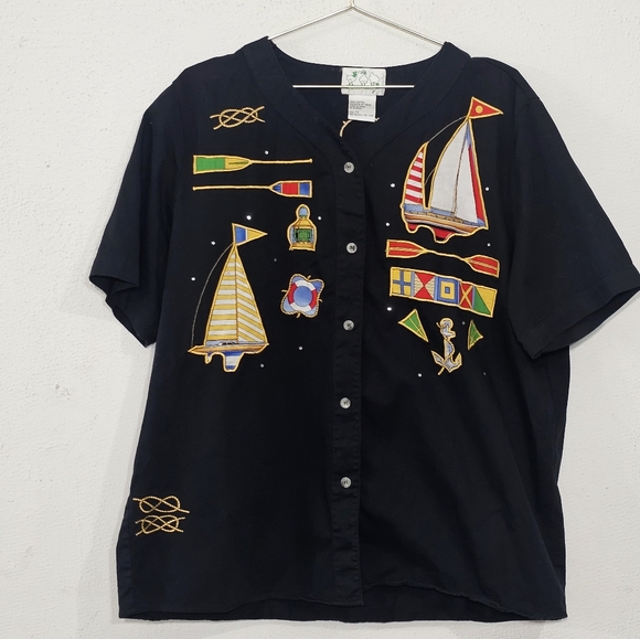 Quacker Factory Tops - Vintage Quacker Factory Sailing Shirt Short Sleeve Boating Nautical Women's 1X